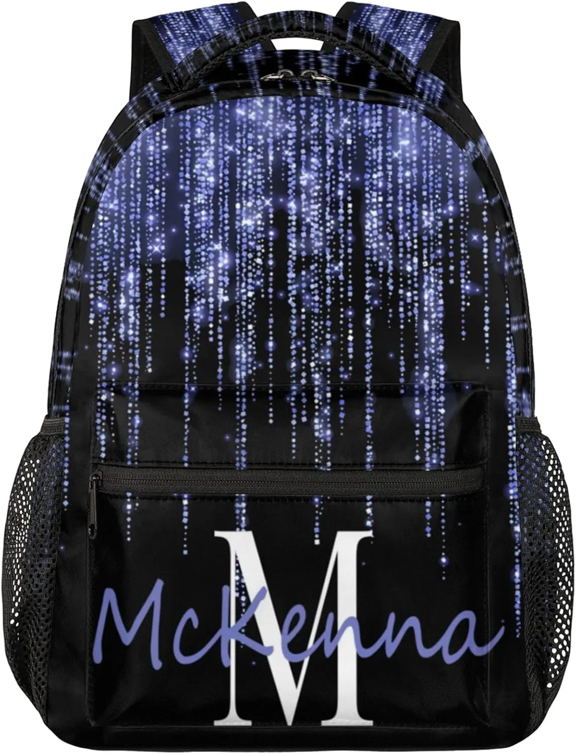 Personalized Initial Letter Dance Backpack Bag Lake Blue Large Daypack Travel Hiking Backpacks for Women, Dream Blue Shiny Bling Glitters