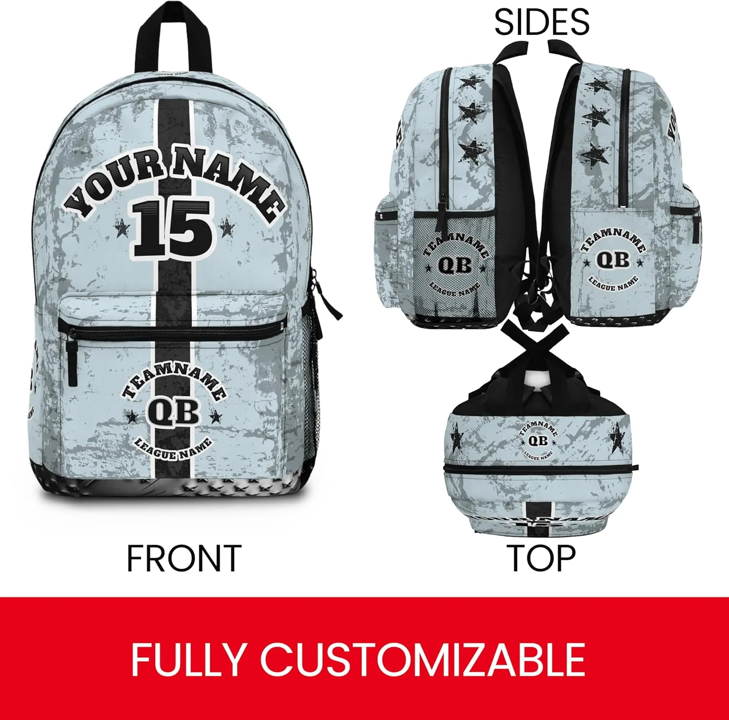 Personalized Sport Backpack Soccer, Basketball, Baseball, Football Team Gift: Name, #, Colors, Logo; Team Travel Bag (Aqua Black)