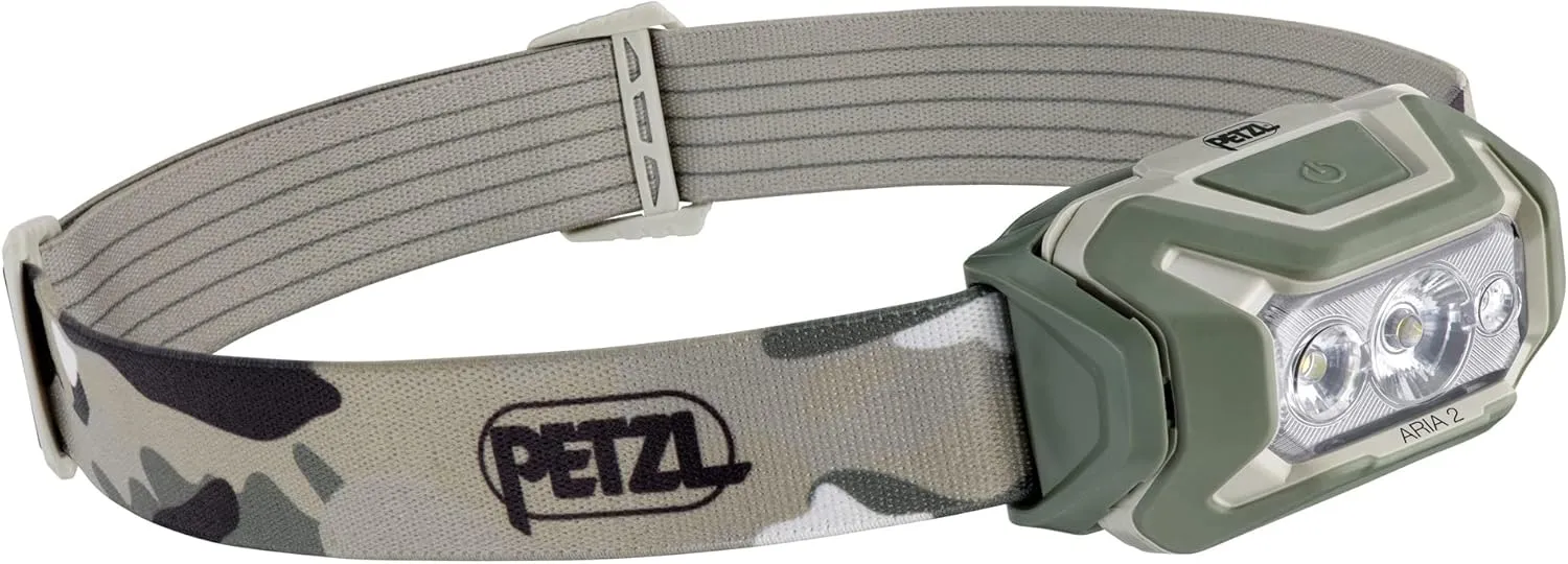 PETZL ARIA 2 RGB, Compact, Durable, Waterproof headlamp with White, red, Green and Blue Modes, 450 lumens, Camo