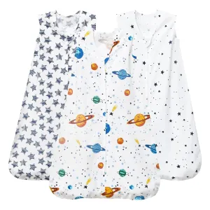 PHF Soft Baby Sleep Sack 0-6 Months 100% Cotton Wearable Blanket, 2-Way Zipper 0.5 TOG Toddler Sleeping Sack 3 Pack, Comfy Sleep Bag for Baby Boys, Space (Small)