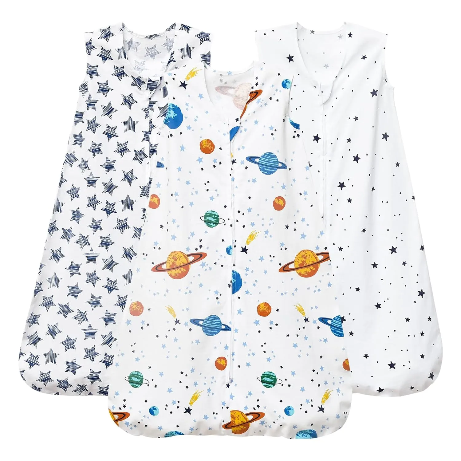 PHF Soft Baby Sleep Sack 0-6 Months 100% Cotton Wearable Blanket, 2-Way Zipper 0.5 TOG Toddler Sleeping Sack 3 Pack, Comfy Sleep Bag for Baby Boys, Space (Small)