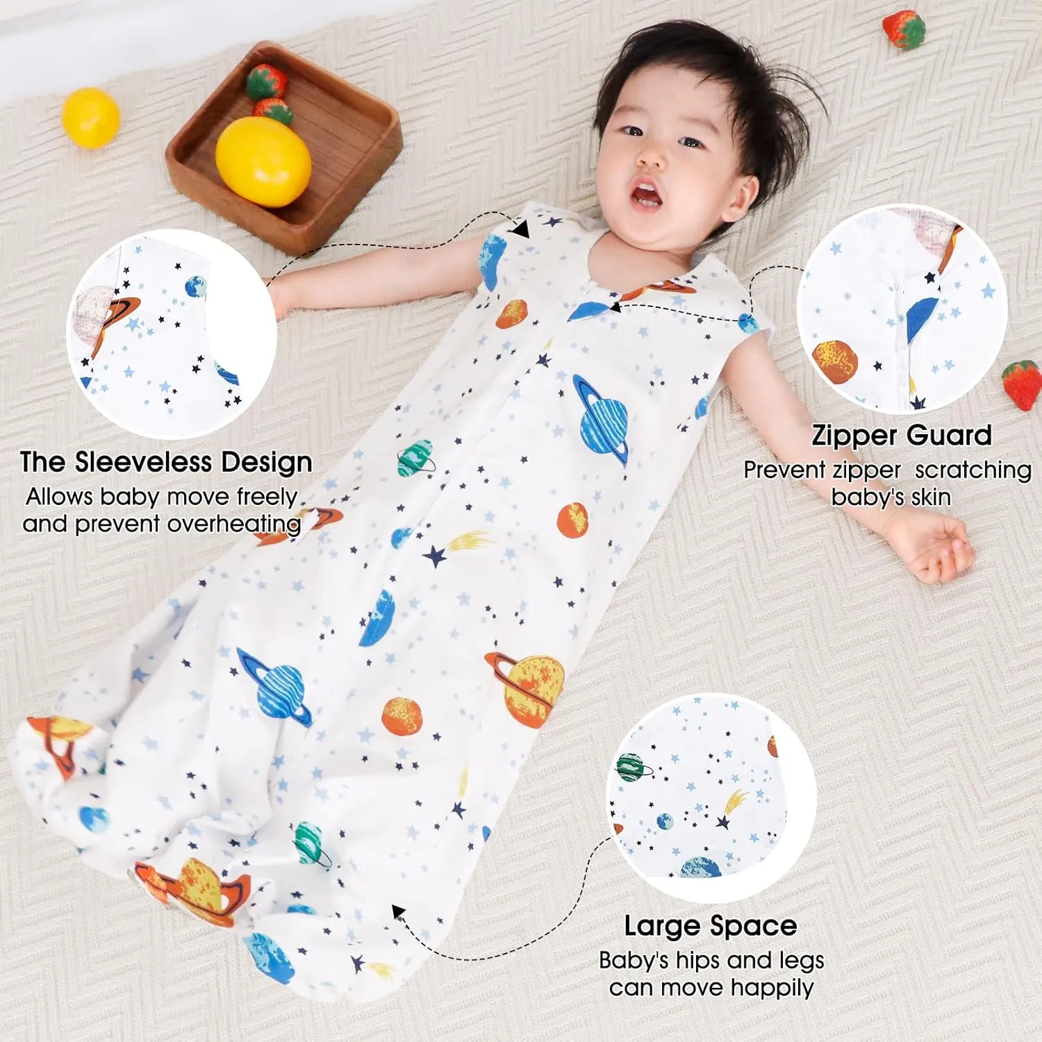 PHF Soft Baby Sleep Sack 0-6 Months 100% Cotton Wearable Blanket, 2-Way Zipper 0.5 TOG Toddler Sleeping Sack 3 Pack, Comfy Sleep Bag for Baby Boys, Space (Small)
