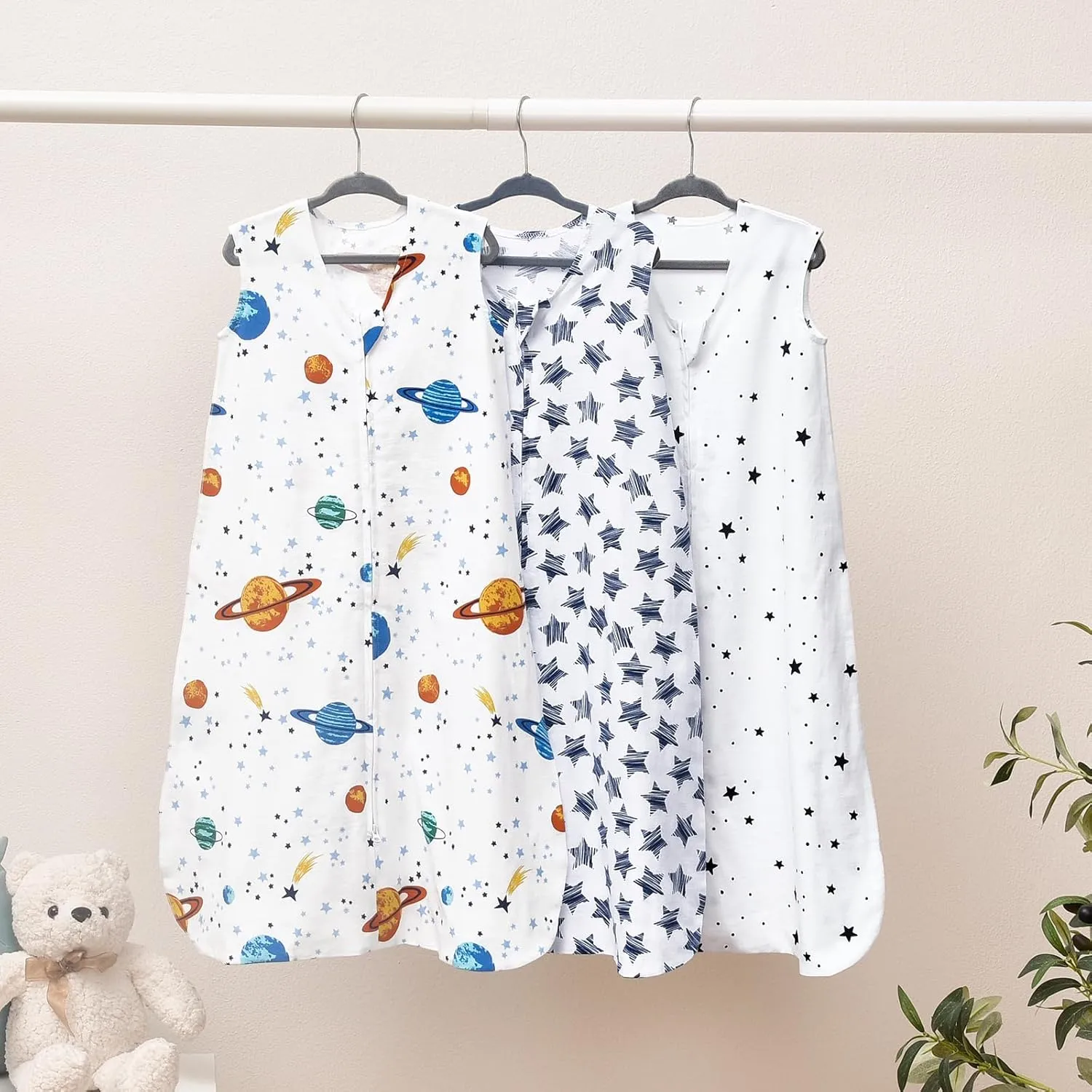 PHF Soft Baby Sleep Sack 0-6 Months 100% Cotton Wearable Blanket, 2-Way Zipper 0.5 TOG Toddler Sleeping Sack 3 Pack, Comfy Sleep Bag for Baby Boys, Space (Small)