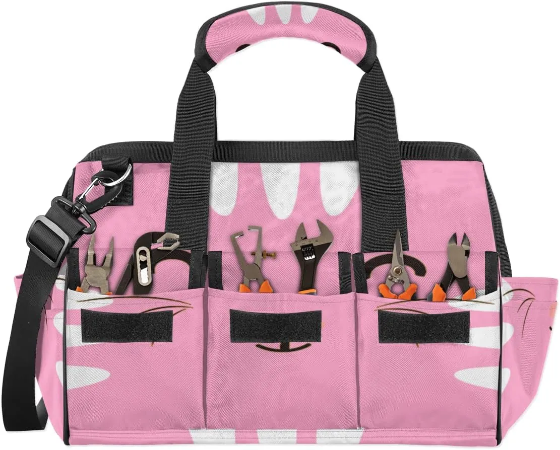Pink Cat Face Tool Bag for Men Women Heavy Duty Multi-Pockets Wide Mouth Tool Tote Waterproof Tool Bag Organizer with Adjustable Shoulder Strap