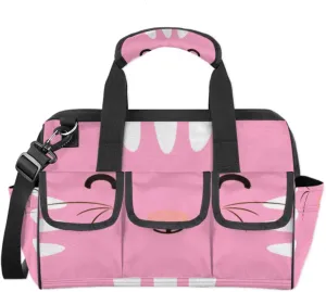Pink Cat Face Tool Bag for Men Women Heavy Duty Multi-Pockets Wide Mouth Tool Tote Waterproof Tool Bag Organizer with Adjustable Shoulder Strap