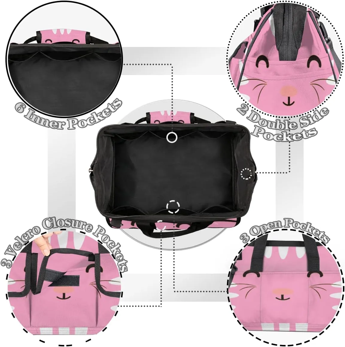 Pink Cat Face Tool Bag for Men Women Heavy Duty Multi-Pockets Wide Mouth Tool Tote Waterproof Tool Bag Organizer with Adjustable Shoulder Strap