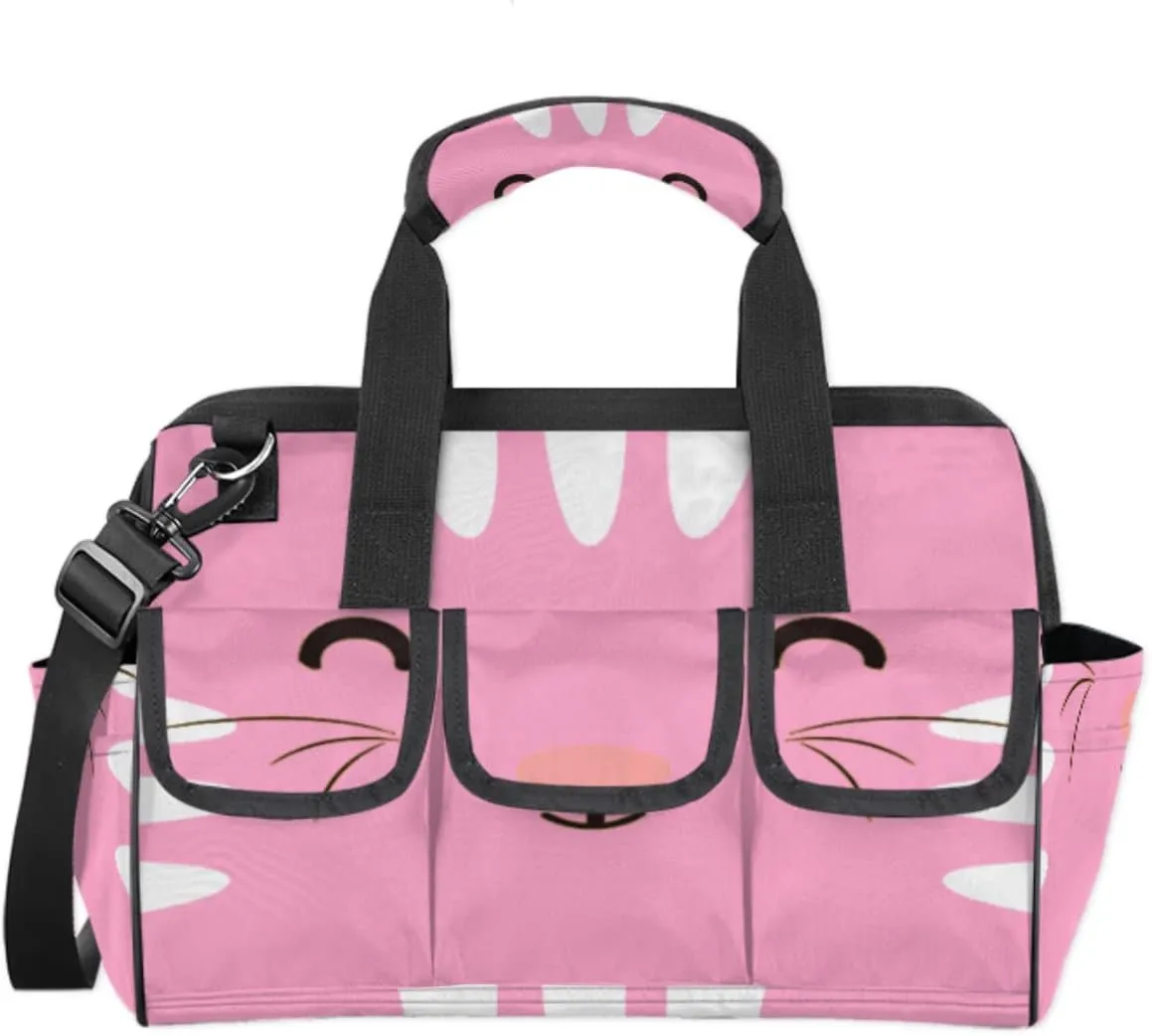 Pink Cat Face Tool Bag for Men Women Heavy Duty Multi-Pockets Wide Mouth Tool Tote Waterproof Tool Bag Organizer with Adjustable Shoulder Strap