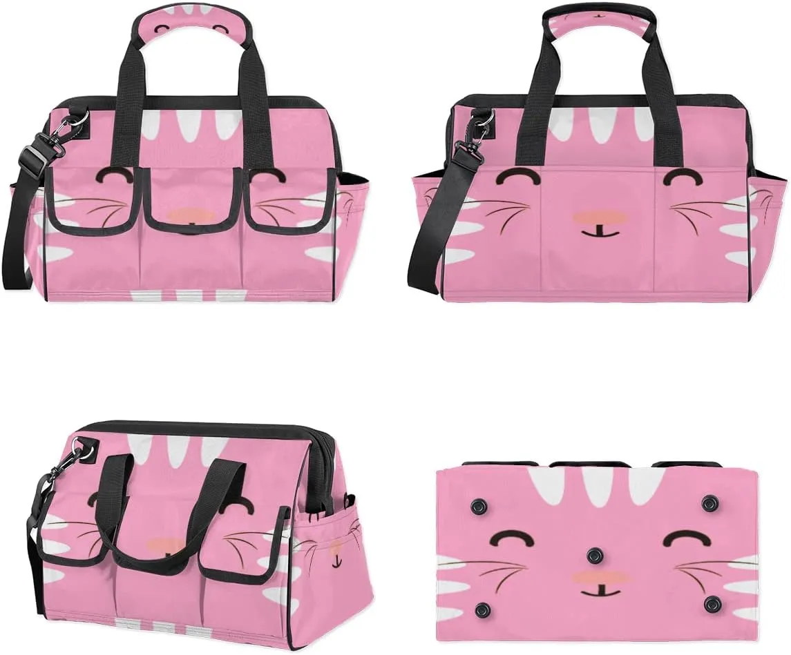 Pink Cat Face Tool Bag for Men Women Heavy Duty Multi-Pockets Wide Mouth Tool Tote Waterproof Tool Bag Organizer with Adjustable Shoulder Strap