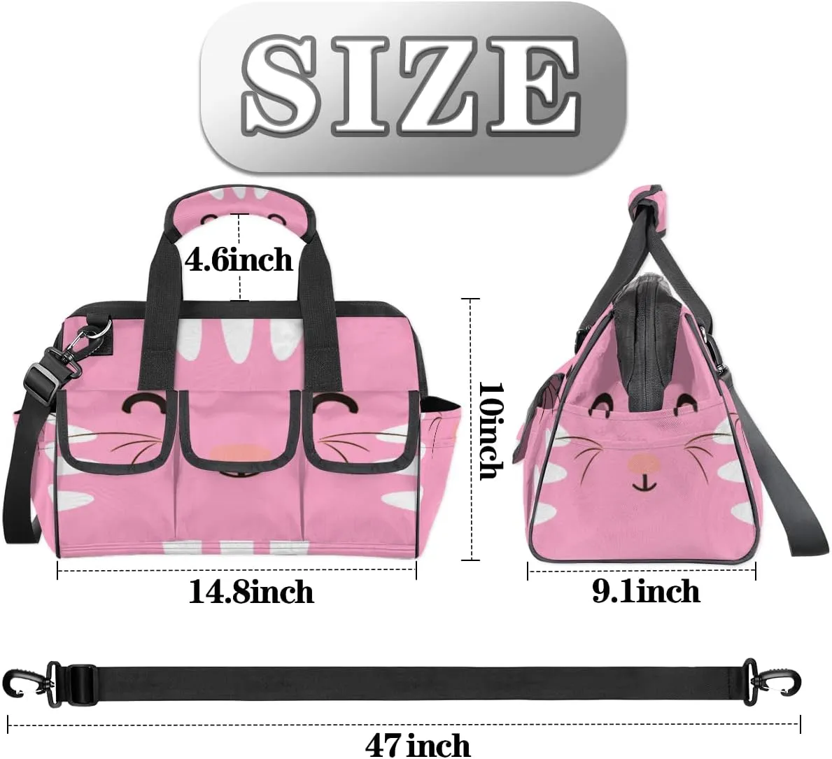 Pink Cat Face Tool Bag for Men Women Heavy Duty Multi-Pockets Wide Mouth Tool Tote Waterproof Tool Bag Organizer with Adjustable Shoulder Strap