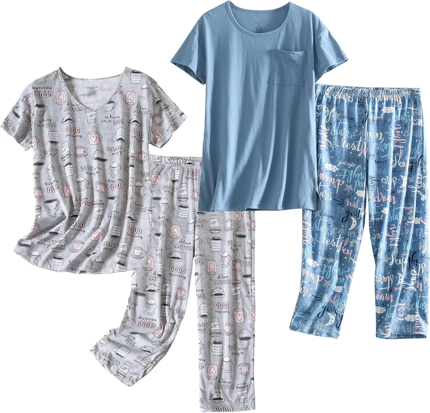 PNAEONG 2 Pack Women's Cotton Pajama Sets Short Sleeve Sleepwear Tops with Capri Pants Summer Loungewear Pj Sets S-3XL