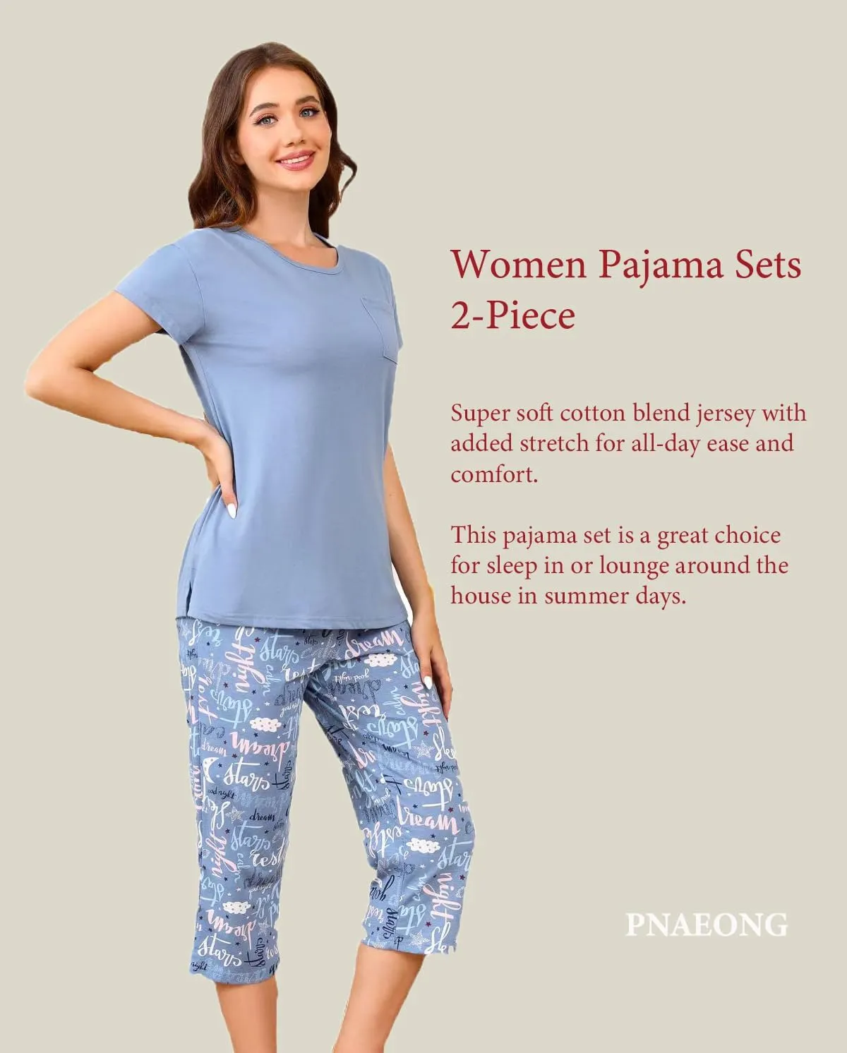 PNAEONG 2 Pack Women's Cotton Pajama Sets Short Sleeve Sleepwear Tops with Capri Pants Summer Loungewear Pj Sets S-3XL