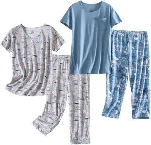 PNAEONG 2 Pack Women's Cotton Pajama Sets Short Sleeve Sleepwear Tops with Capri Pants Summer Loungewear Pj Sets S-3XL