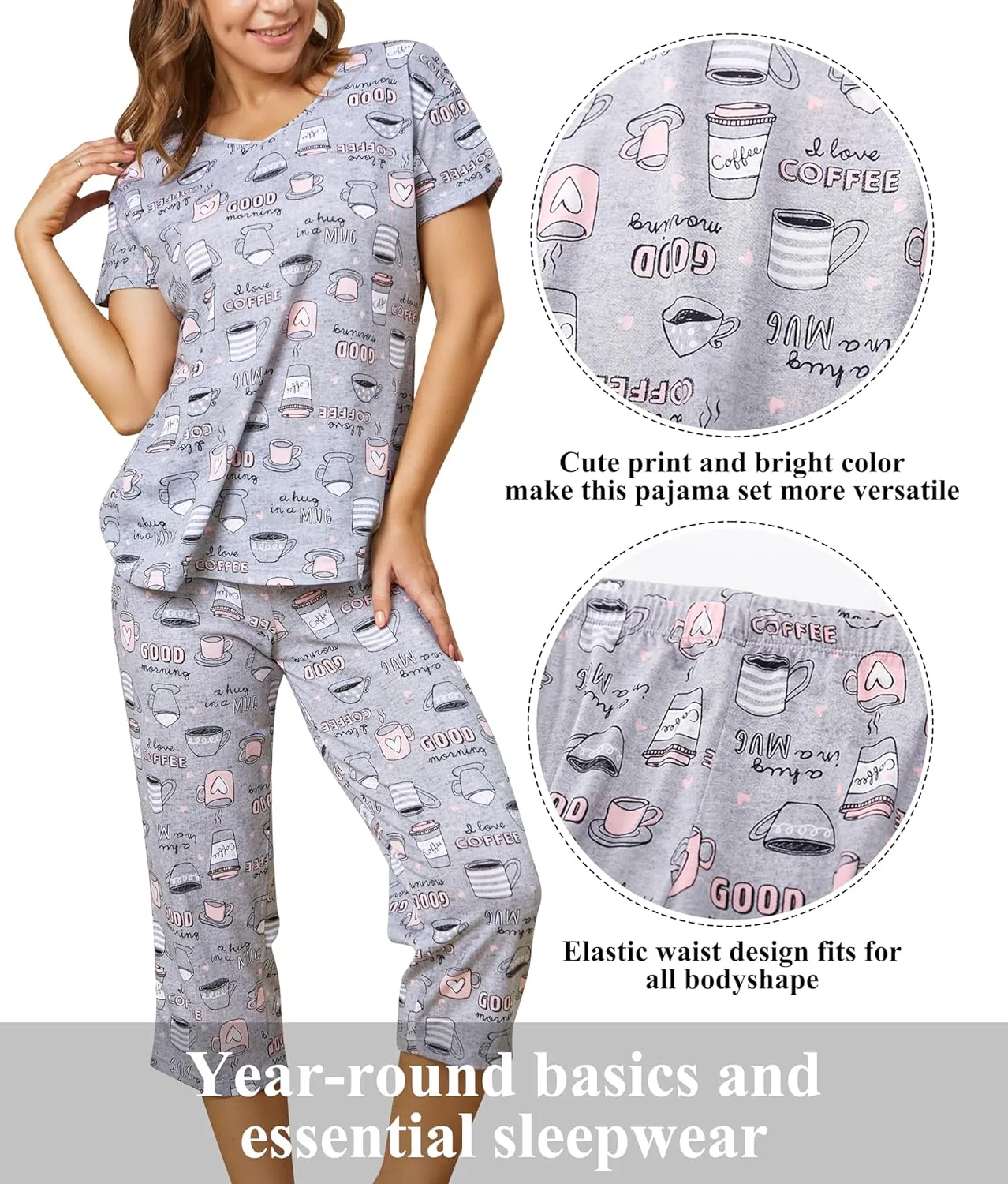 PNAEONG 2 Pack Women's Cotton Pajama Sets Short Sleeve Sleepwear Tops with Capri Pants Summer Loungewear Pj Sets S-3XL