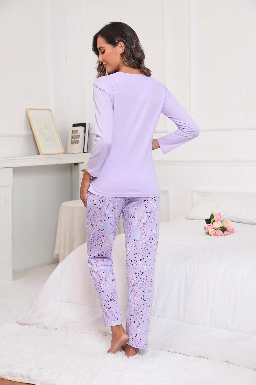 PNAEONG Women's Cotton Long-Sleeve Tops and Full-Length Pajama Set Two-Piece Pjs with Pockets SY008