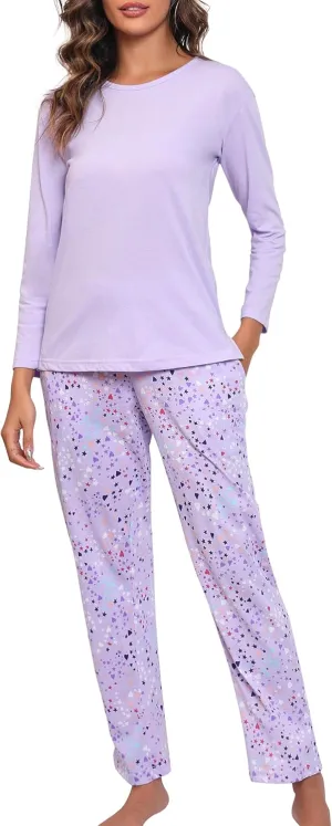 PNAEONG Women's Cotton Long-Sleeve Tops and Full-Length Pajama Set Two-Piece Pjs with Pockets SY008