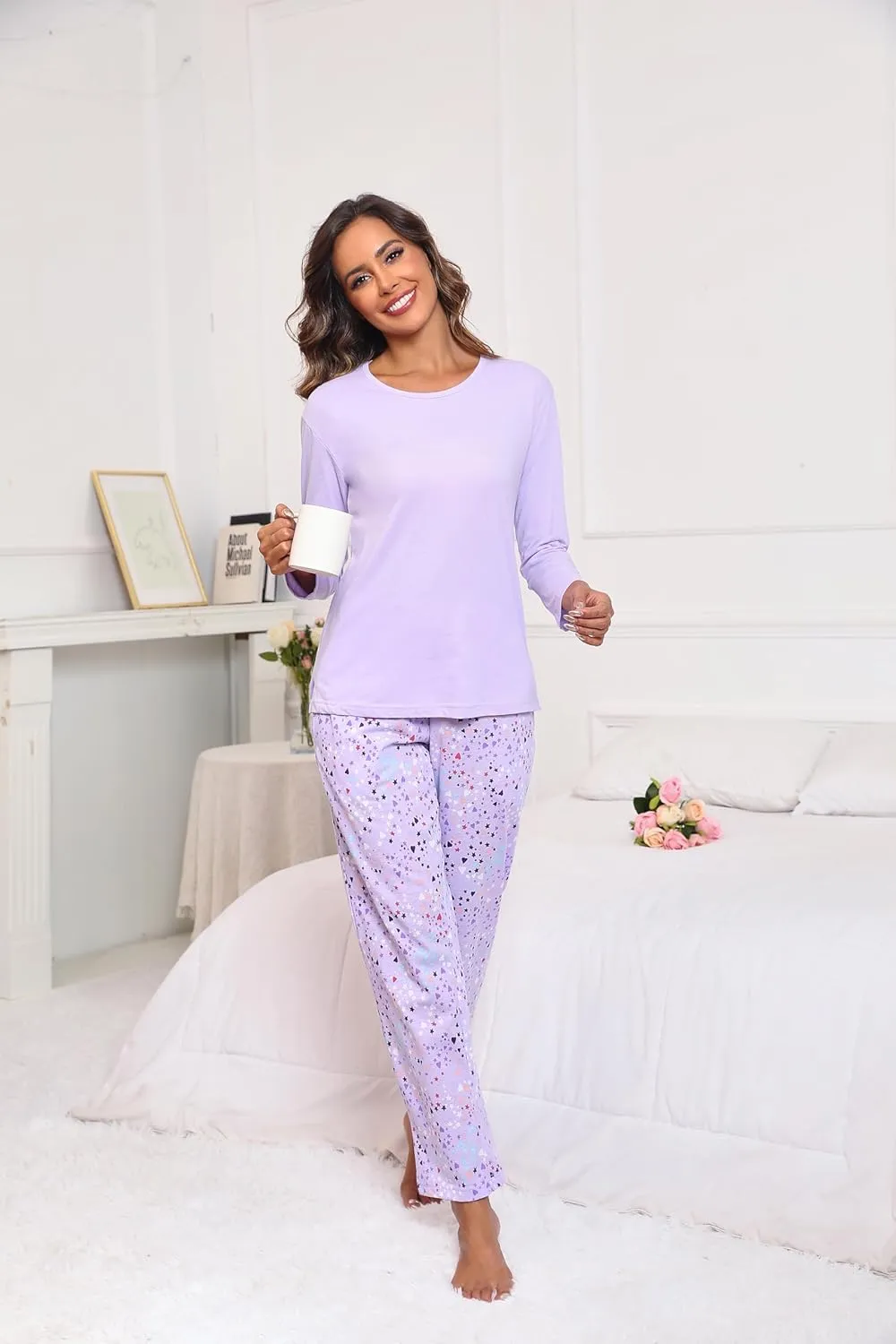 PNAEONG Women's Cotton Long-Sleeve Tops and Full-Length Pajama Set Two-Piece Pjs with Pockets SY008