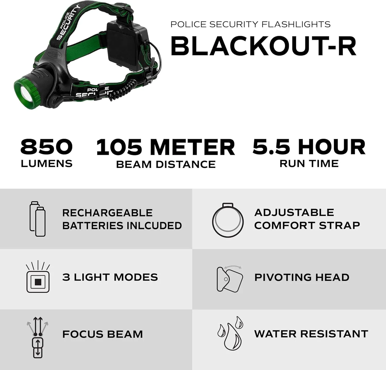 Police Security Blackout-R Headlamp Flashlight - Ultra-Bright Rechargeable Headlamp