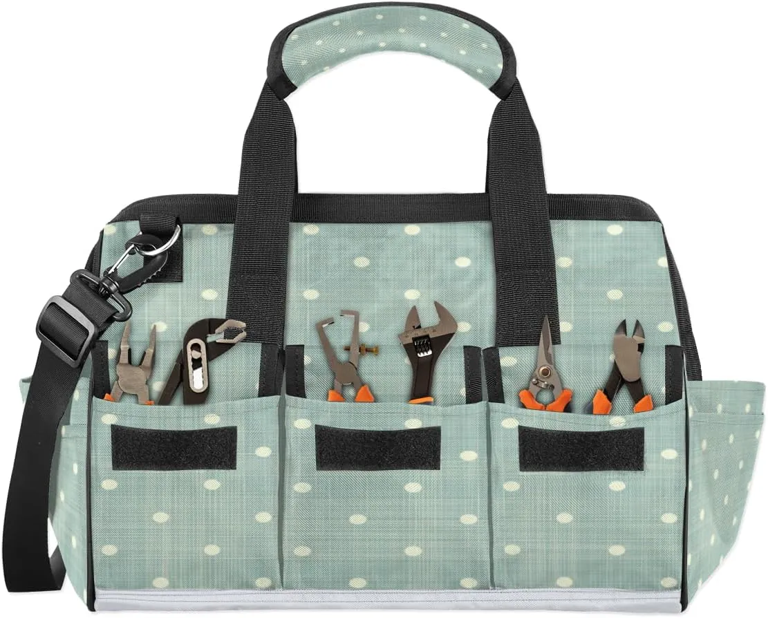 Polka Dot Tool Bags 14.8 Inch Wide Mouth Tool Tote Bag with Handle and Adjustable Shoulder Strap Sage Green Heavy Duty Tool Bag for Plumbers Electricians Handymen