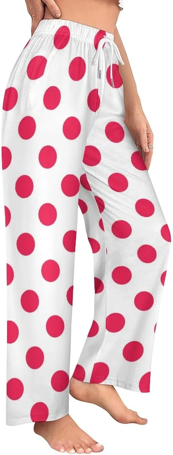 Polka Dots Pink Women Lounge Pants Comfy Pajama Bottom Drawstring Sleepwear Long Pajamas Pants