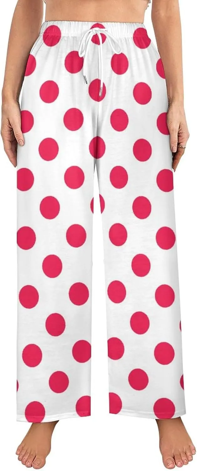 Polka Dots Pink Women Lounge Pants Comfy Pajama Bottom Drawstring Sleepwear Long Pajamas Pants