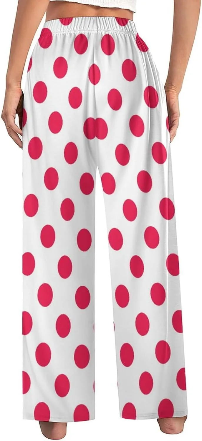Polka Dots Pink Women Lounge Pants Comfy Pajama Bottom Drawstring Sleepwear Long Pajamas Pants