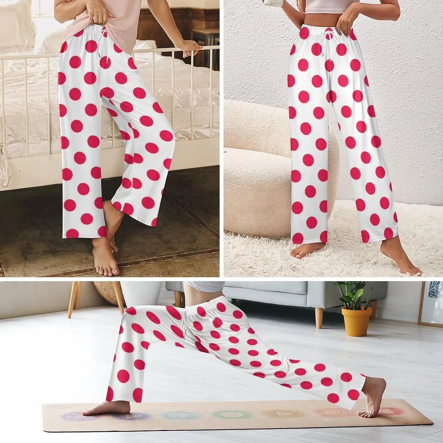 Polka Dots Pink Women Lounge Pants Comfy Pajama Bottom Drawstring Sleepwear Long Pajamas Pants