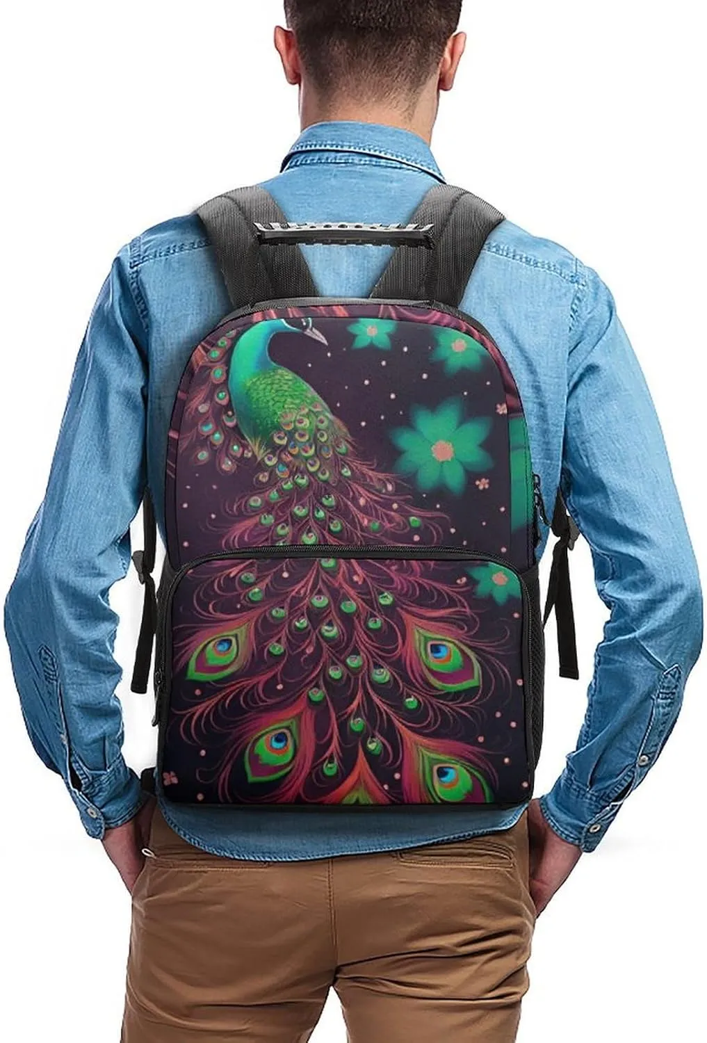 Polyester Daypack Backpack for Sports Travel Running - Big Capacity Anti-Theft Multipurpose Carry On Bag, Peacock Animal Oil Painting Laptop Book Bag Rucksack