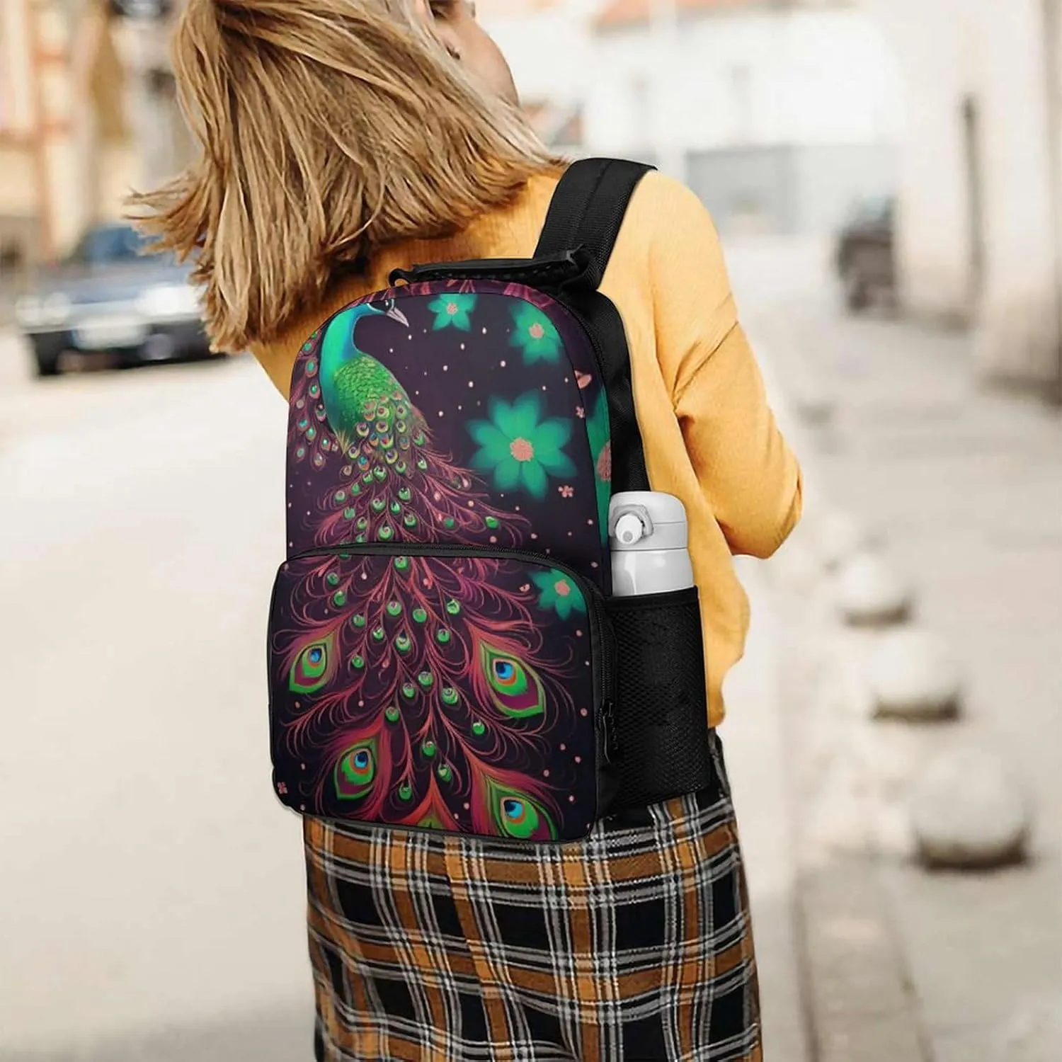 Polyester Daypack Backpack for Sports Travel Running - Big Capacity Anti-Theft Multipurpose Carry On Bag, Peacock Animal Oil Painting Laptop Book Bag Rucksack