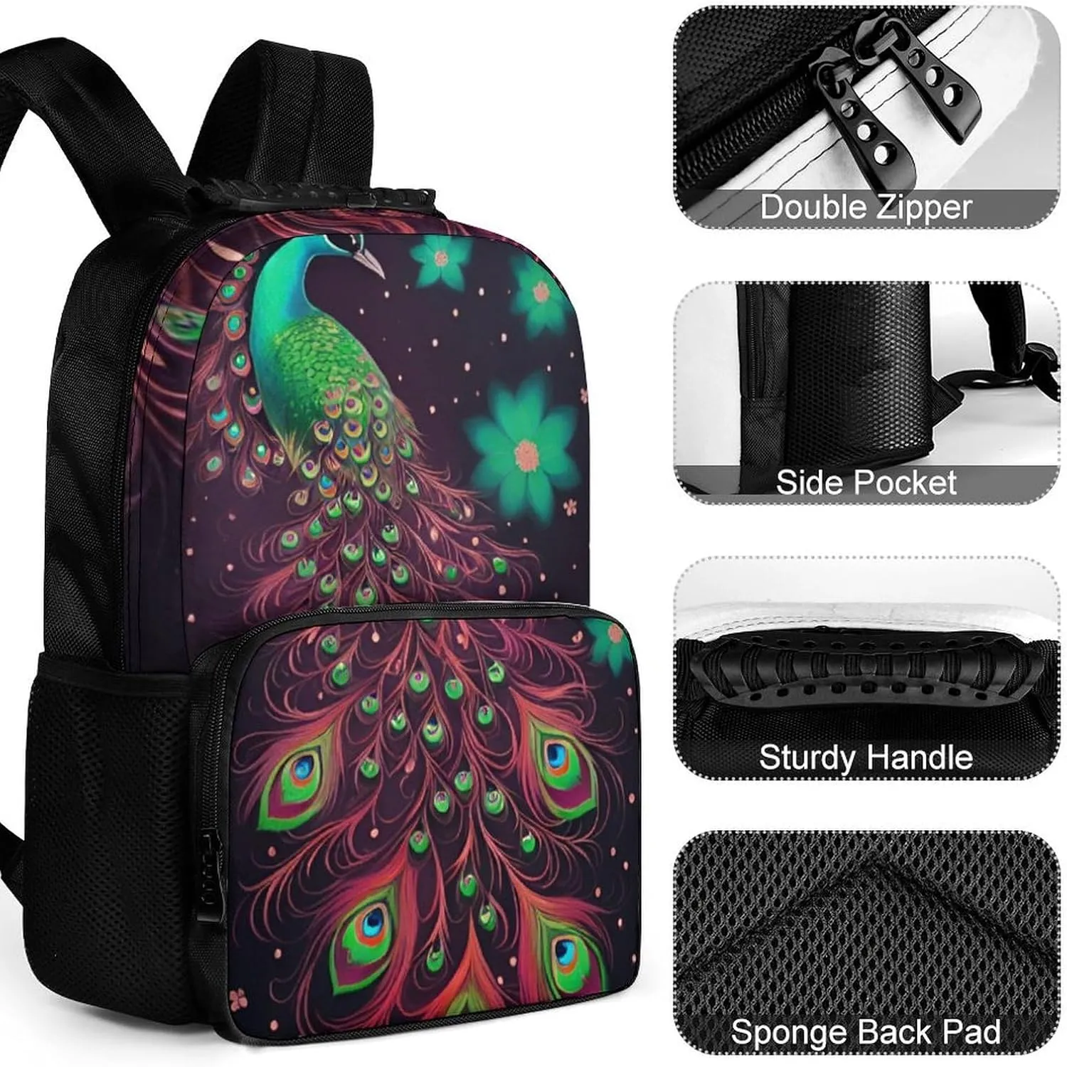 Polyester Daypack Backpack for Sports Travel Running - Big Capacity Anti-Theft Multipurpose Carry On Bag, Peacock Animal Oil Painting Laptop Book Bag Rucksack