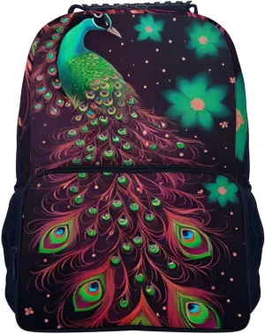 Polyester Daypack Backpack for Sports Travel Running - Big Capacity Anti-Theft Multipurpose Carry On Bag, Peacock Animal Oil Painting Laptop Book Bag Rucksack