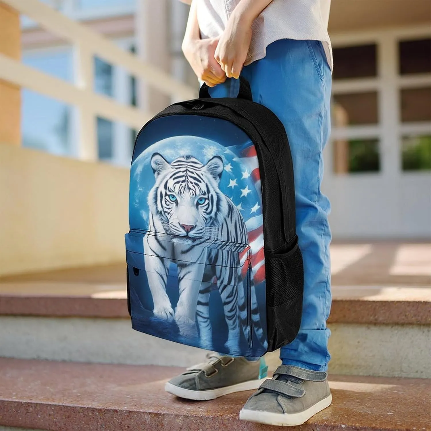 Polyester Daypack Backpack for Trekking Picnic Walking Cycling - Large Capacity Anti-Theft Multipurpose Shoulder Bag, American Flag White Tiger Moon Patriotic Art Print Casual Daypack