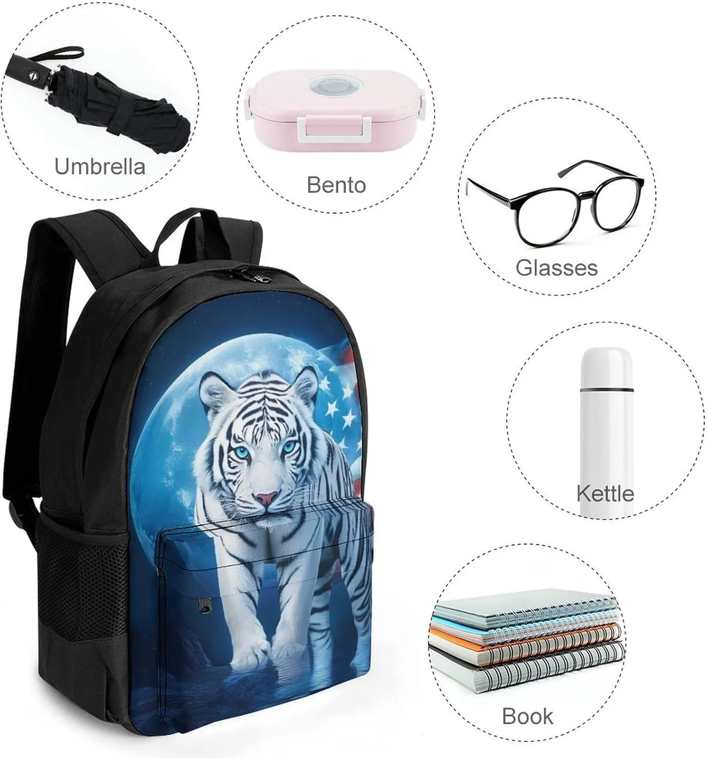 Polyester Daypack Backpack for Trekking Picnic Walking Cycling - Large Capacity Anti-Theft Multipurpose Shoulder Bag, American Flag White Tiger Moon Patriotic Art Print Casual Daypack