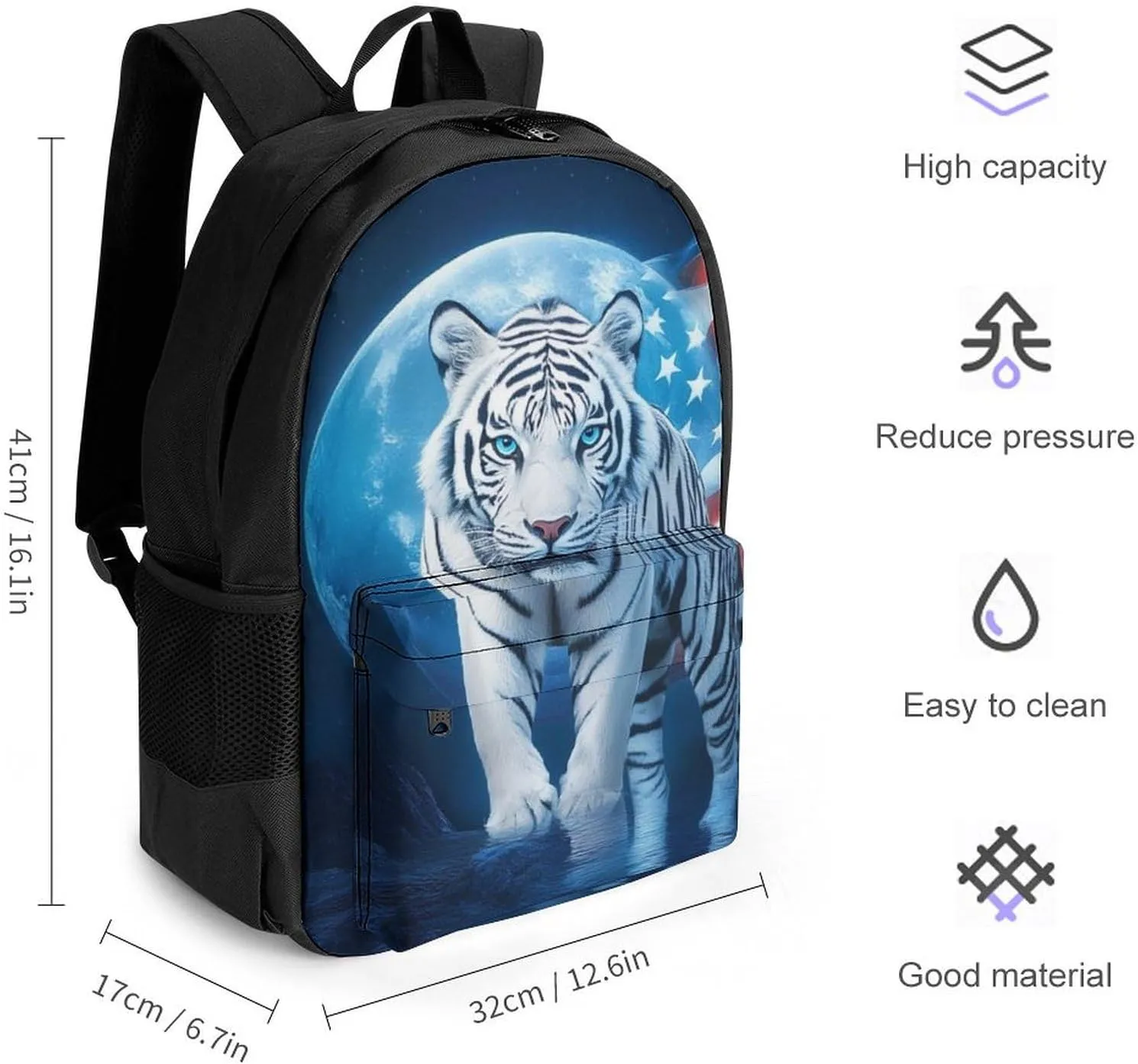 Polyester Daypack Backpack for Trekking Picnic Walking Cycling - Large Capacity Anti-Theft Multipurpose Shoulder Bag, American Flag White Tiger Moon Patriotic Art Print Casual Daypack