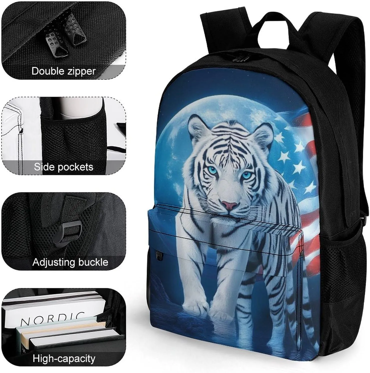 Polyester Daypack Backpack for Trekking Picnic Walking Cycling - Large Capacity Anti-Theft Multipurpose Shoulder Bag, American Flag White Tiger Moon Patriotic Art Print Casual Daypack
