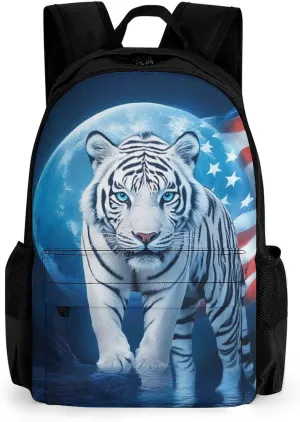 Polyester Daypack Backpack for Trekking Picnic Walking Cycling - Large Capacity Anti-Theft Multipurpose Shoulder Bag, American Flag White Tiger Moon Patriotic Art Print Casual Daypack