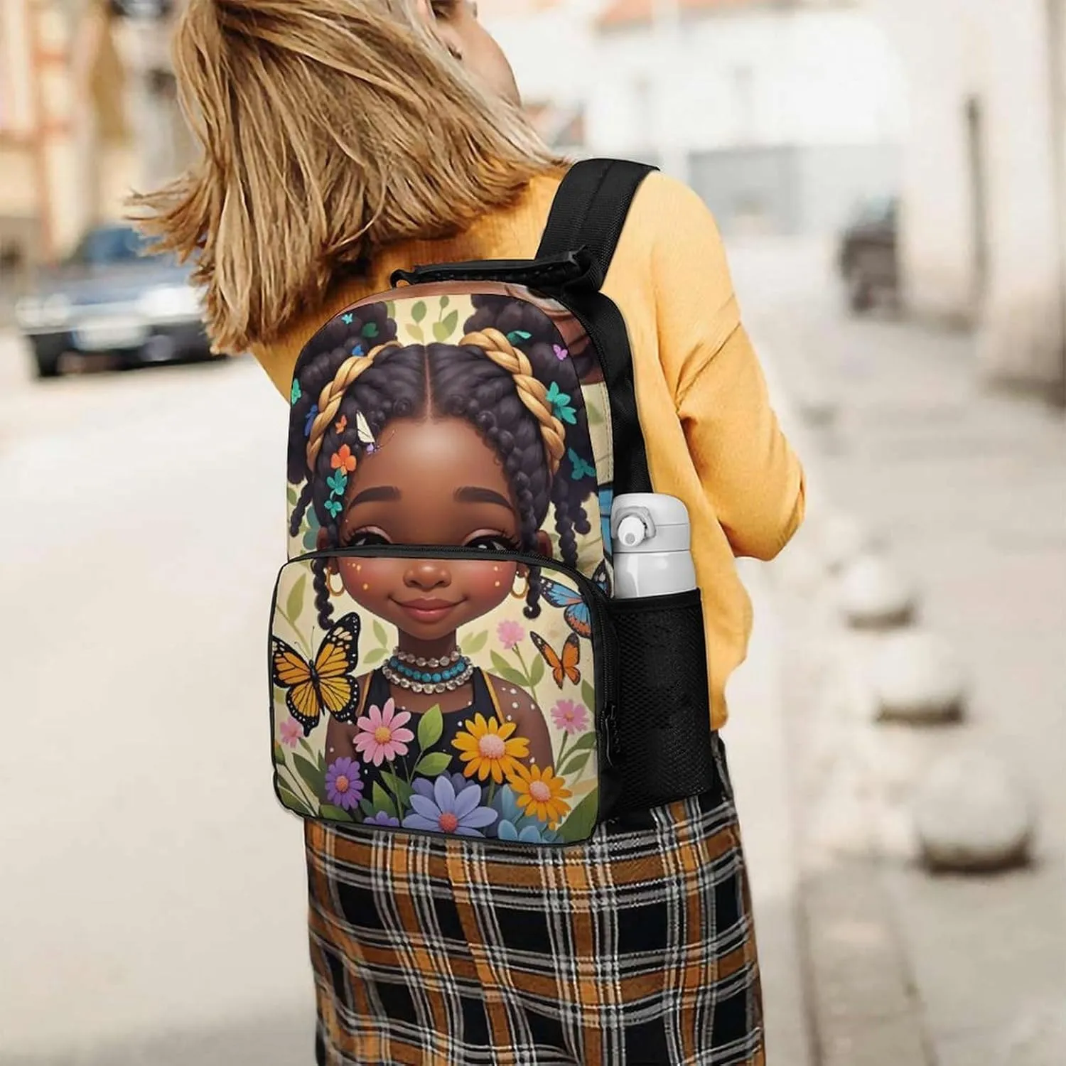 Polyester Daypack Backpack for Trekking Picnic Walking Cycling - Large Capacity Anti-Theft Multipurpose Shoulder Bag, Cute Afro American Black Woman With Butterflies Art Casual Daypack