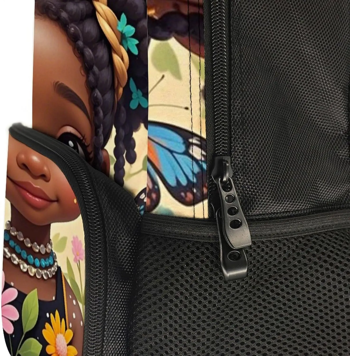 Polyester Daypack Backpack for Trekking Picnic Walking Cycling - Large Capacity Anti-Theft Multipurpose Shoulder Bag, Cute Afro American Black Woman With Butterflies Art Casual Daypack