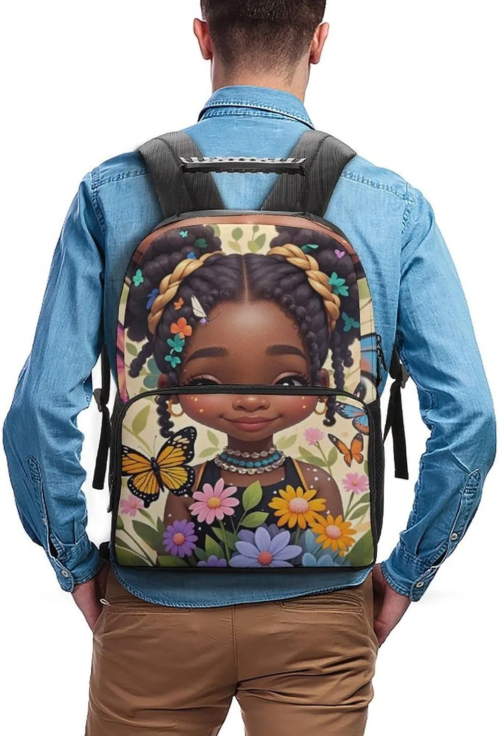 Polyester Daypack Backpack for Trekking Picnic Walking Cycling - Large Capacity Anti-Theft Multipurpose Shoulder Bag, Cute Afro American Black Woman With Butterflies Art Casual Daypack