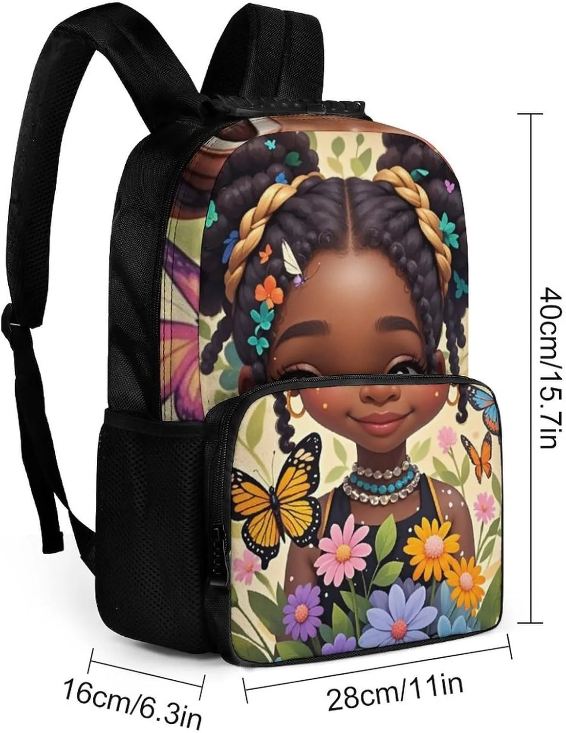 Polyester Daypack Backpack for Trekking Picnic Walking Cycling - Large Capacity Anti-Theft Multipurpose Shoulder Bag, Cute Afro American Black Woman With Butterflies Art Casual Daypack