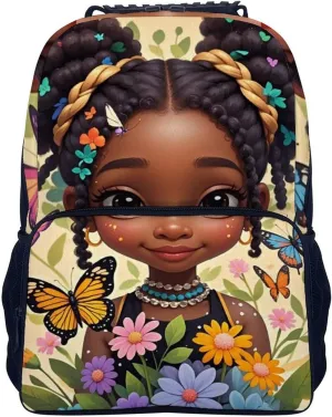 Polyester Daypack Backpack for Trekking Picnic Walking Cycling - Large Capacity Anti-Theft Multipurpose Shoulder Bag, Cute Afro American Black Woman With Butterflies Art Casual Daypack