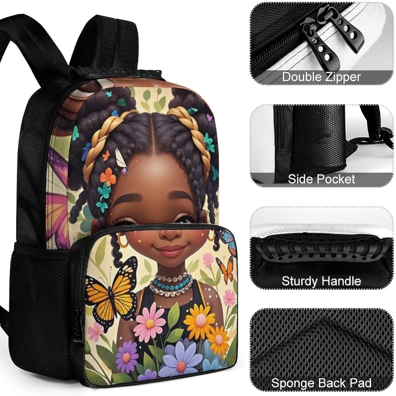 Polyester Daypack Backpack for Trekking Picnic Walking Cycling - Large Capacity Anti-Theft Multipurpose Shoulder Bag, Cute Afro American Black Woman With Butterflies Art Casual Daypack