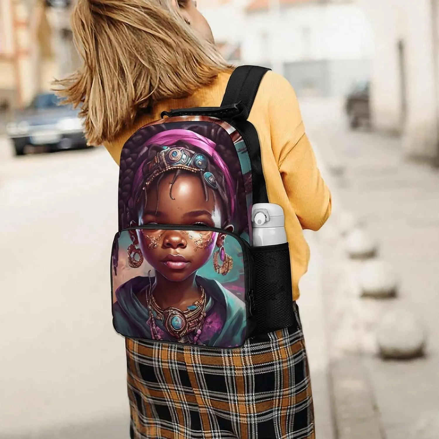Polyester Daypack Bookbag for Gym Business Bicycle - Large Capacity Multipurpose Anti-Theft Carry On Bag, Afro Women African American Black Woman Art Travel Hiking Daypack