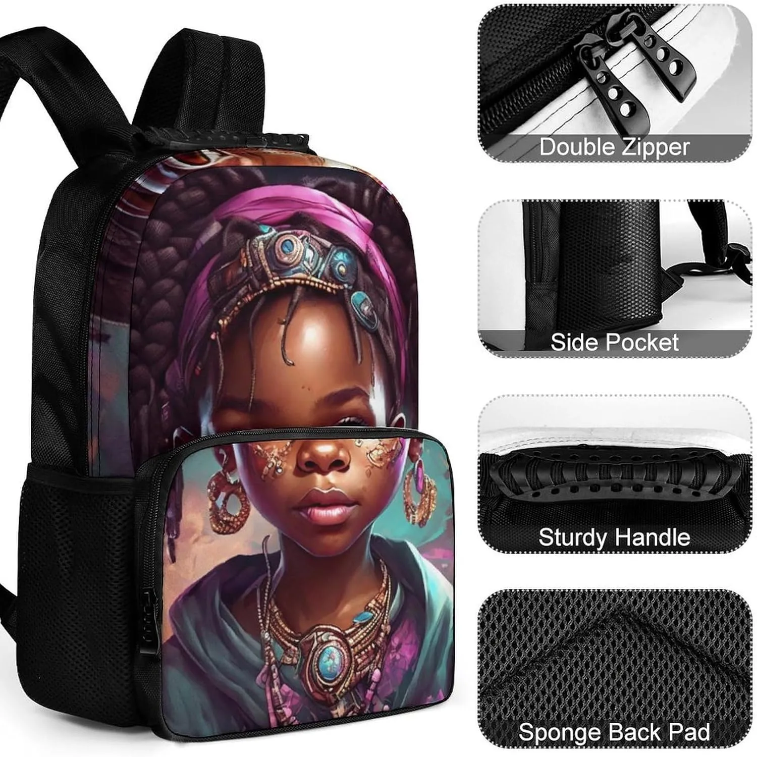 Polyester Daypack Bookbag for Gym Business Bicycle - Large Capacity Multipurpose Anti-Theft Carry On Bag, Afro Women African American Black Woman Art Travel Hiking Daypack