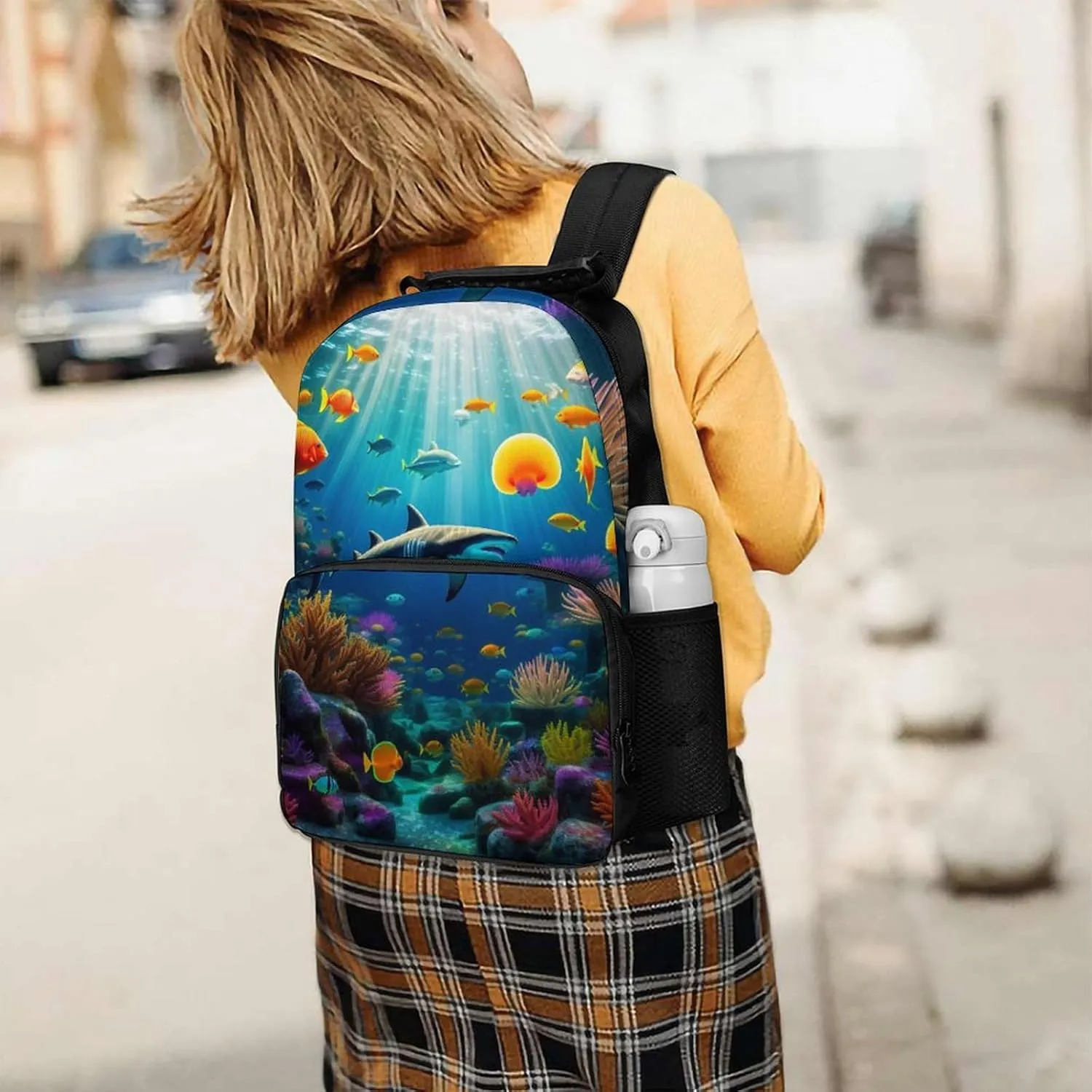 Polyester Daypack Bookbag for Gym Business Bicycle - Large Capacity Multipurpose Anti-Theft Carry On Bag, Beautiful Underwater World Fish Jellyfish Art Travel Hiking Daypack