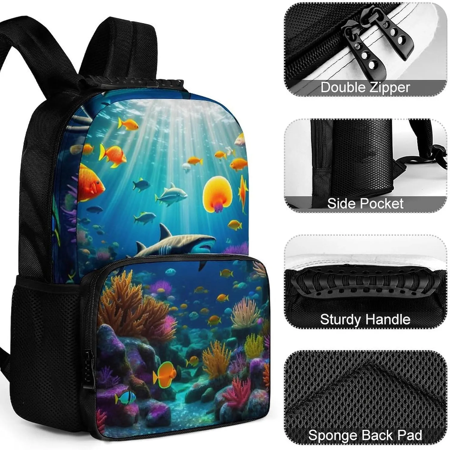 Polyester Daypack Bookbag for Gym Business Bicycle - Large Capacity Multipurpose Anti-Theft Carry On Bag, Beautiful Underwater World Fish Jellyfish Art Travel Hiking Daypack
