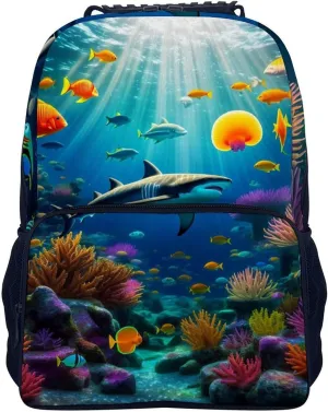 Polyester Daypack Bookbag for Gym Business Bicycle - Large Capacity Multipurpose Anti-Theft Carry On Bag, Beautiful Underwater World Fish Jellyfish Art Travel Hiking Daypack