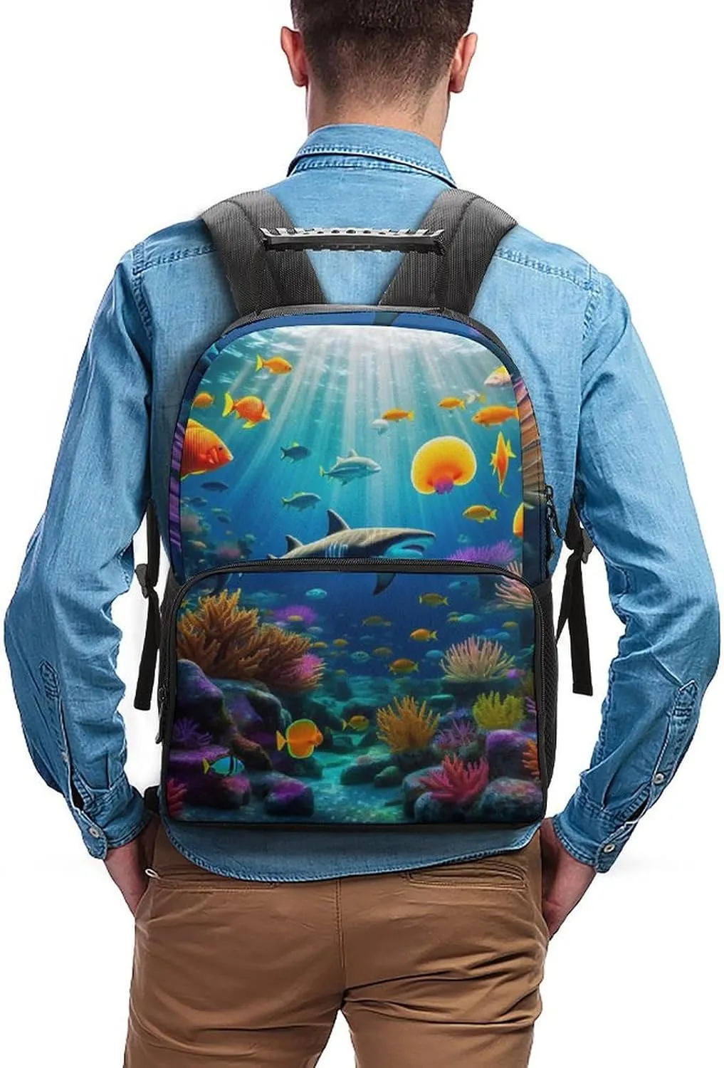 Polyester Daypack Bookbag for Gym Business Bicycle - Large Capacity Multipurpose Anti-Theft Carry On Bag, Beautiful Underwater World Fish Jellyfish Art Travel Hiking Daypack