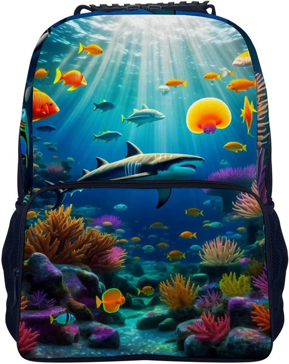 Polyester Daypack Bookbag for Gym Business Bicycle - Large Capacity Multipurpose Anti-Theft Carry On Bag, Beautiful Underwater World Fish Jellyfish Art Travel Hiking Daypack