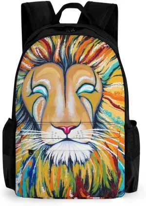 Polyester Daypack for Hiking Work Running - Big Capacity Anti-Theft Multipurpose Shoulder Bag, Beautiful Lion Face Rasta Colors Style Watercolor Art Travel and Sport Backpack Rucksack
