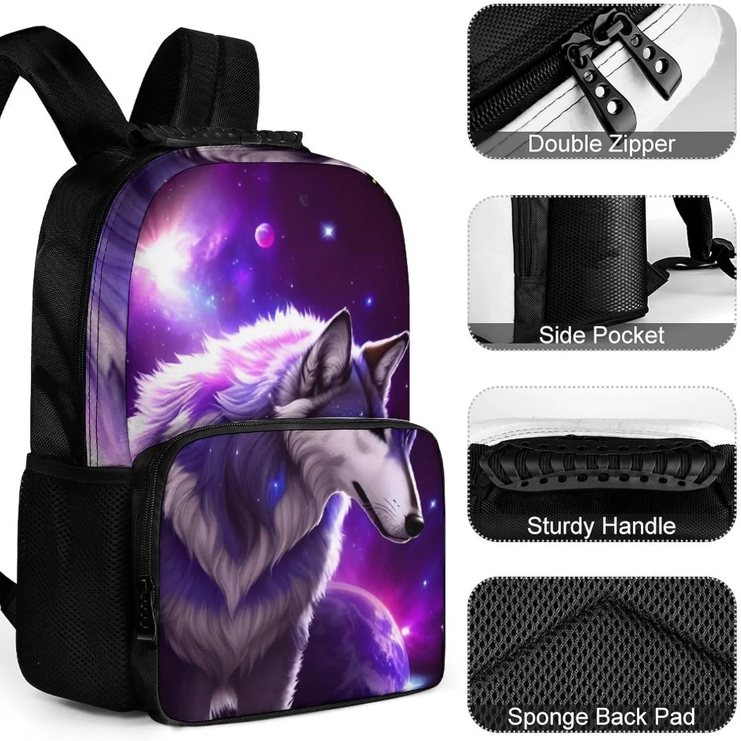 Polyester Daypack for Hiking Work Running - Big Capacity Anti-Theft Multipurpose Shoulder Bag, Blue Universe Galaxy Magic Wolf In The Space Art Travel and Sport Backpack Rucksack